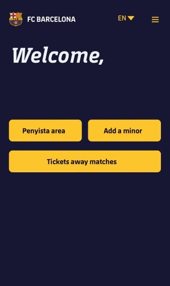 Culers-Portal: Begrüßungsseite mit dem Button „Tickets away matches“, der Name ist unkenntlich gemacht