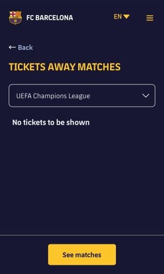 Übersicht „Tickets away matches“ ohne Einträge, Button „See matches“
